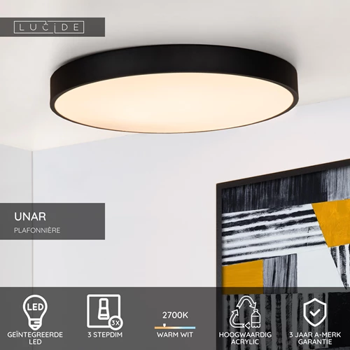 Lucide UNAR - Plafonnière - Ø 49,5 cm - LED 3 StepDim - 1x36W 2700K - Zwart - USP